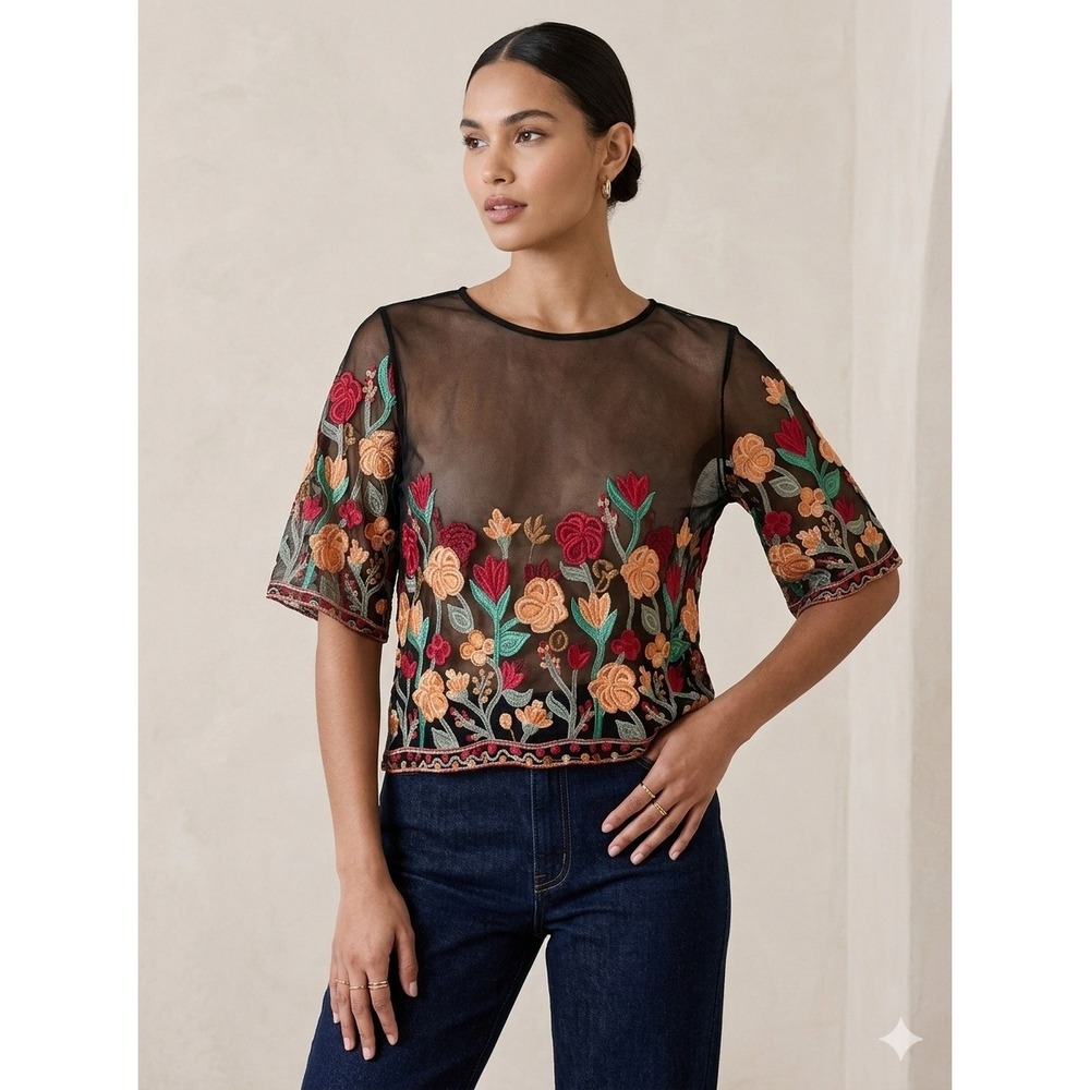 Unique Spectrum Women's Mesh Embroidered Boxy Crop Blouse Sz XL Pullover